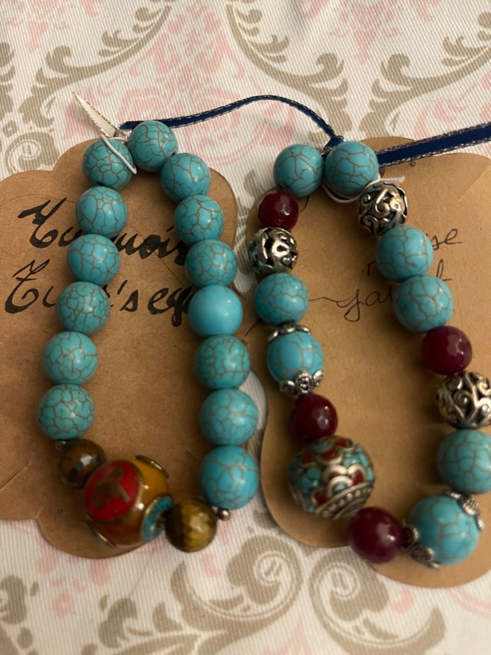 Turquoise Beaded Stretch Bracelet Set with Red Accents